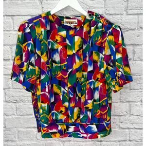 Vintage 90s Womens Short Sleeve Blouse Loud Print Size 11/12 Silky Abstract